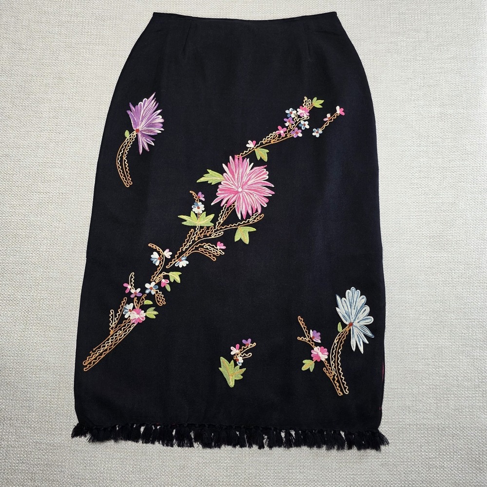 Take Two Black Floral Embroidered Fringe Hem Skirt Womens 16 Artsy Wool Blend